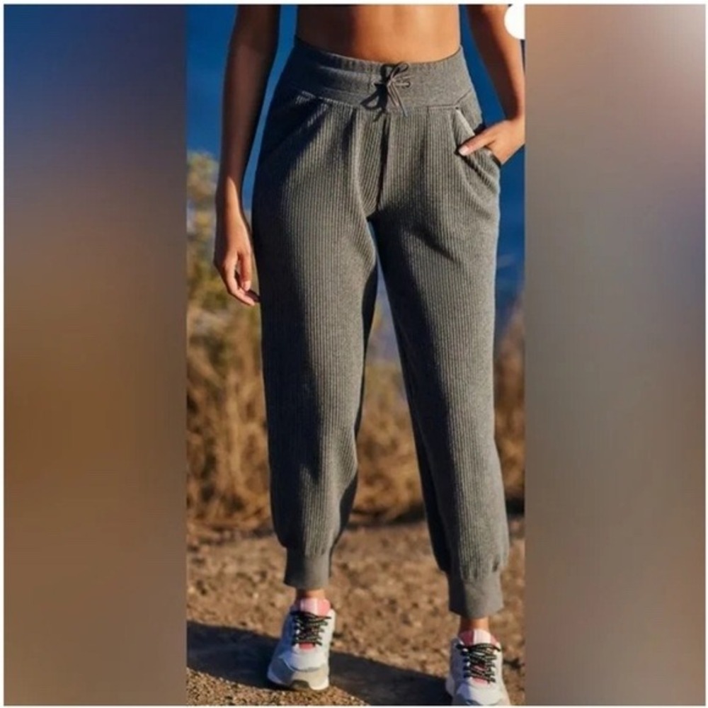 Varley Grey Ribbed Knit Joggers Drawstring Waist Pockets Size Large